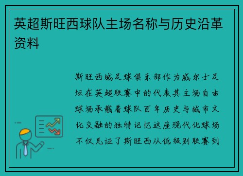 英超斯旺西球队主场名称与历史沿革资料