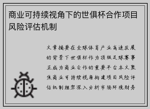 商业可持续视角下的世俱杯合作项目风险评估机制