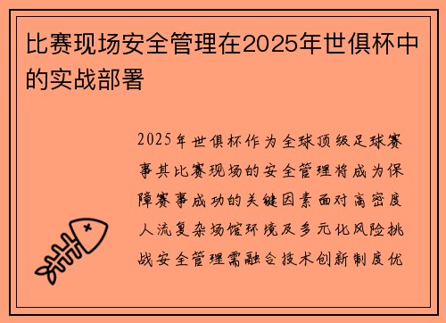 比赛现场安全管理在2025年世俱杯中的实战部署