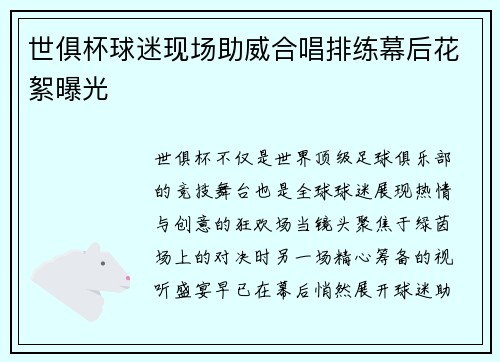 世俱杯球迷现场助威合唱排练幕后花絮曝光