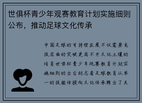 世俱杯青少年观赛教育计划实施细则公布，推动足球文化传承
